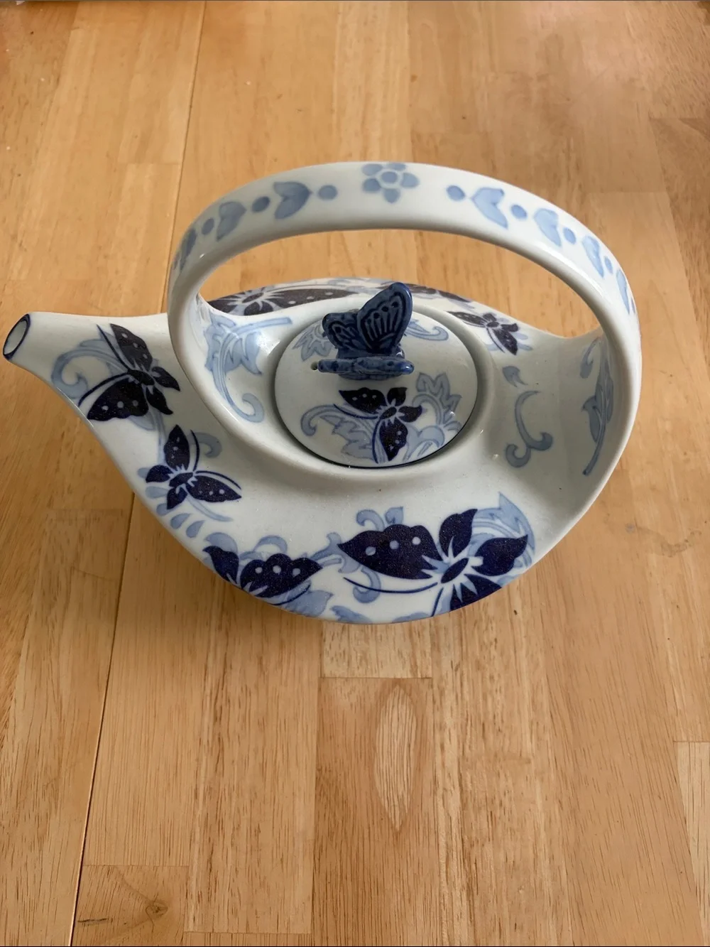 Pier 1 Imports Blue and White Ceramic Teapot with Butterfly Motif